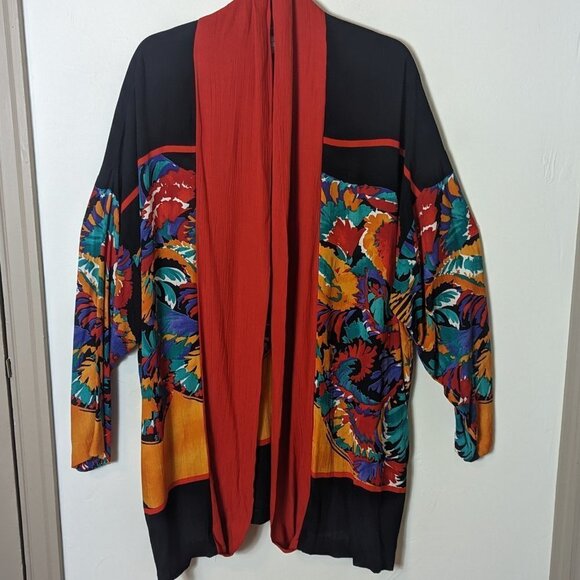 Vintage AKF New York 90’s Kimono Robe Rayon Abstract Boho Cardigan - Picture 7 of 7